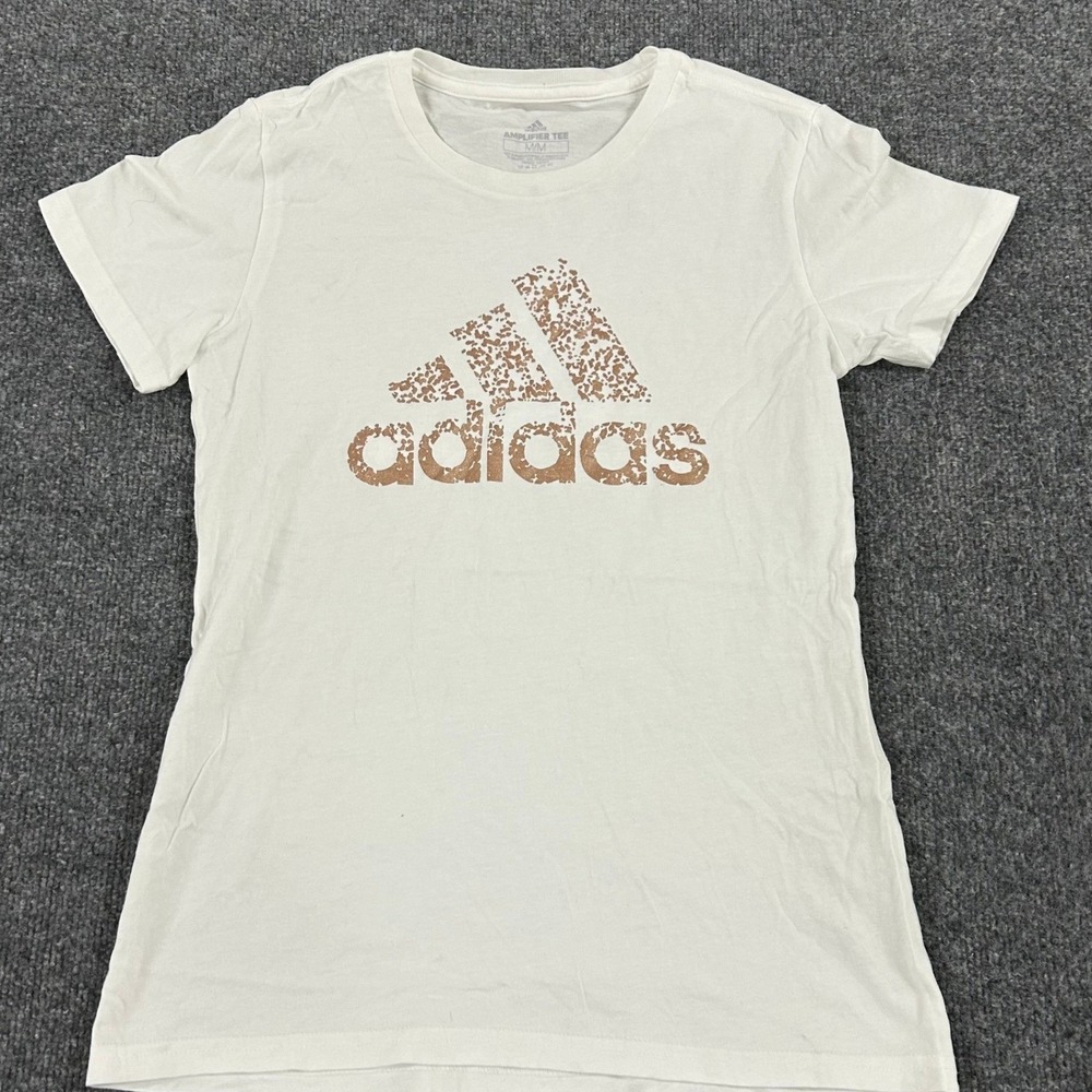 Adidas T-Shirt Womens Size M White Copper Glitter Logo Short Sleeve Athletic Tee